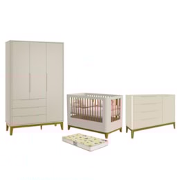 Dormitório Boom Slim Classic Guarda Roupa, Cômoda 1 Porta e Berço Areia Fosco com Colchão Supreme - Reller Móveis Dormitório Boom Slim Classic Guarda Roupa, Cômoda 1 Porta e Berço Areia Fosco com Colchão Supreme - Reller Móveis