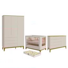 Dormitório Boom Slim Classic Guarda Roupa, Cômoda 1 Porta e Berço Areia Fosco/Savana com Colchão Supreme - Reller Móveis Dormitório Boom Slim Classic Guarda Roupa, Cômoda 1 Porta e Berço Areia Fosco/Savana com Colchão Supreme - Reller Móveis
