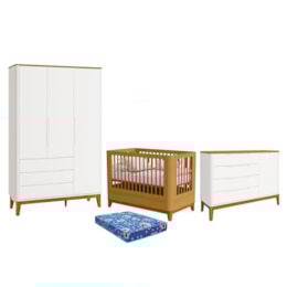Dormitório Boom Slim Classic Guarda Roupa, Cômoda 1 Porta e Berço Branco Fosco/Savana com Colchão Baby Physical - Reller Móveis Dormitório Boom Slim Classic Guarda Roupa, Cômoda 1 Porta e Berço Branco Fosco/Savana com Colchão Baby Physical - Reller Móveis