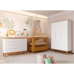 Dormitório Boom Slim Classic Guarda Roupa, Cômoda 1 Porta e Berço Branco Fosco/Savana com Colchão Supreme - Reller Móveis Dormitório Boom Slim Classic Guarda Roupa, Cômoda 1 Porta e Berço Branco Fosco/Savana com Colchão Supreme - Reller Móveis