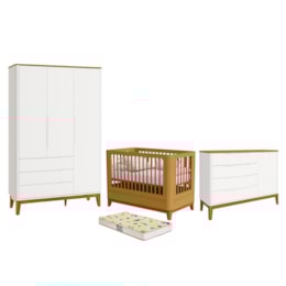 Dormitório Boom Slim Classic Guarda Roupa, Cômoda 1 Porta e Berço Branco Fosco/Savana com Colchão Supreme - Reller Móveis Dormitório Boom Slim Classic Guarda Roupa, Cômoda 1 Porta e Berço Branco Fosco/Savana com Colchão Supreme - Reller Móveis