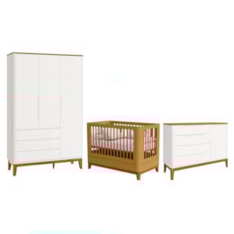 Dormitório Boom Slim Classic Guarda Roupa, Cômoda 1 Porta e Berço Branco Fosco/Savana - Reller Móveis Dormitório Boom Slim Classic Guarda Roupa, Cômoda 1 Porta e Berço Branco Fosco/Savana - Reller Móveis