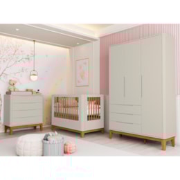 Dormitório Boom Slim Classic Guarda Roupa, Cômoda 4 Gavetas e Berço Areia Fosco com Colchão Baby Physical - Reller Móveis Dormitório Boom Slim Classic Guarda Roupa, Cômoda 4 Gavetas e Berço Areia Fosco com Colchão Baby Physical - Reller Móveis