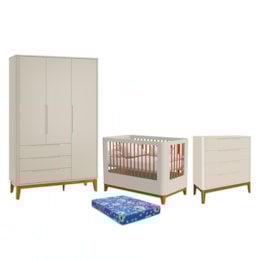 Dormitório Boom Slim Classic Guarda Roupa, Cômoda 4 Gavetas e Berço Areia Fosco com Colchão Baby Physical - Reller Móveis Dormitório Boom Slim Classic Guarda Roupa, Cômoda 4 Gavetas e Berço Areia Fosco com Colchão Baby Physical - Reller Móveis