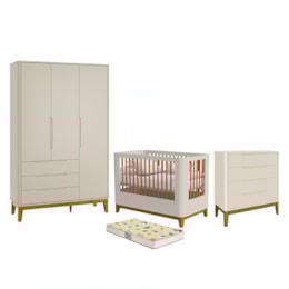 Dormitório Boom Slim Classic Guarda Roupa, Cômoda 4 Gavetas e Berço Areia Fosco com Colchão Supreme - Reller Móveis Dormitório Boom Slim Classic Guarda Roupa, Cômoda 4 Gavetas e Berço Areia Fosco com Colchão Supreme - Reller Móveis