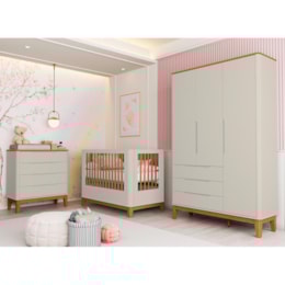 Dormitório Boom Slim Classic Guarda Roupa, Cômoda 4 Gavetas e Berço Areia Fosco/Savana com Colchão Baby Physical - Reller Móveis Dormitório Boom Slim Classic Guarda Roupa, Cômoda 4 Gavetas e Berço Areia Fosco/Savana com Colchão Baby Physical - Reller Móveis