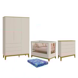 Dormitório Boom Slim Classic Guarda Roupa, Cômoda 4 Gavetas e Berço Areia Fosco/Savana com Colchão Baby Physical - Reller Móveis Dormitório Boom Slim Classic Guarda Roupa, Cômoda 4 Gavetas e Berço Areia Fosco/Savana com Colchão Baby Physical - Reller Móveis