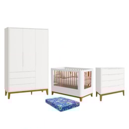 Dormitório Boom Slim Classic Guarda Roupa, Cômoda 4 Gavetas e Berço Branco Fosco com Colchão Baby Physical - Reller Móveis Dormitório Boom Slim Classic Guarda Roupa, Cômoda 4 Gavetas e Berço Branco Fosco com Colchão Baby Physical - Reller Móveis