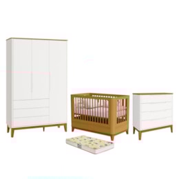 Dormitório Boom Slim Classic Guarda Roupa, Cômoda 4 Gavetas e Berço Branco Fosco/Savana com Colchão Supreme - Reller Móveis Dormitório Boom Slim Classic Guarda Roupa, Cômoda 4 Gavetas e Berço Branco Fosco/Savana com Colchão Supreme - Reller Móveis
