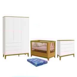 Dormitório Boom Slim Classic Guarda Roupa, Cômoda 4 Gavetas e Berço Branco Fosco/Savana com Colchão Baby Physical - Reller Móveis Dormitório Boom Slim Classic Guarda Roupa, Cômoda 4 Gavetas e Berço Branco Fosco/Savana com Colchão Baby Physical - Reller Móveis