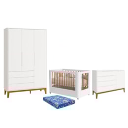 Dormitório Boom Slim Wheels Guarda Roupa, Cômoda 1 Porta e Berço Branco Fosco com Colchão Baby Physical - Reller Móveis Dormitório Boom Slim Wheels Guarda Roupa, Cômoda 1 Porta e Berço Branco Fosco com Colchão Baby Physical - Reller Móveis