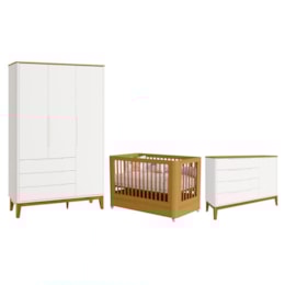 Dormitório Boom Slim Wheels Guarda Roupa, Cômoda 1 Porta e Berço Branco Fosco/Savana - Reller Móveis Dormitório Boom Slim Wheels Guarda Roupa, Cômoda 1 Porta e Berço Branco Fosco/Savana - Reller Móveis