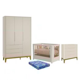 Dormitório Boom Slim Wheels Guarda Roupa, Cômoda 4 Gavetas e Berço Areia Fosco com Colchão Baby Physical - Reller Móveis Dormitório Boom Slim Wheels Guarda Roupa, Cômoda 4 Gavetas e Berço Areia Fosco com Colchão Baby Physical - Reller Móveis