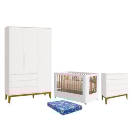 Dormitório Boom Slim Wheels Guarda Roupa, Cômoda 4 Gavetas e Berço Branco Fosco com Colchão Baby Physical - Reller Móveis Dormitório Boom Slim Wheels Guarda Roupa, Cômoda 4 Gavetas e Berço Branco Fosco com Colchão Baby Physical - Reller Móveis