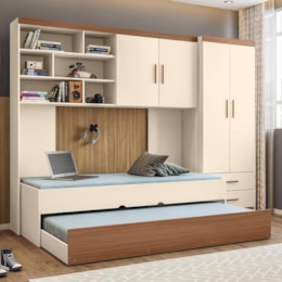 Dormitório Chiara Guarda Roupa, Aéreo 2 Portas e Bicama Off White/Carvalho com Colchões Physical D20 - Phoenix Baby Dormitório Chiara Guarda Roupa, Aéreo 2 Portas e Bicama Off White/Carvalho com Colchões Physical D20 - Phoenix Baby