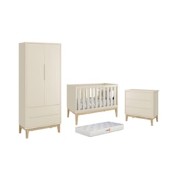 Dormitório Classic 2 Portas Areia Fosco com Pés Madeira Natural e Colchão D18 Branco - Reller Móveis Dormitório Classic 2 Portas Areia Fosco com Pés Madeira Natural e Colchão D18 Branco - Reller Móveis