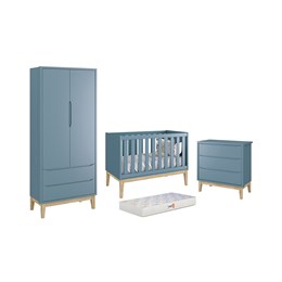 Dormitório Classic 2 Portas Azul com Pés Madeira Natural e Colchão D18 Branco - Reller Móveis