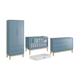 Dormitório Classic 2 Portas, Cômoda com Porta Azul com Pés Madeira Natural e Colchão D18 - Reller Móveis