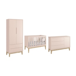 Dormitório Classic 2 Portas e Cômoda com Porta Rosa com Pés Madeira Natural - Reller Móveis  Dormitório Classic 2 Portas e Cômoda com Porta Rosa com Pés Madeira Natural - Reller Móveis