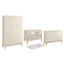 Dormitório Classic 3 Portas Areia com Pés Madeira Natural e Colchão D18 Branco - Reller Móveis  Dormitório Classic 3 Portas Areia com Pés Madeira Natural e Colchão D18 Branco - Reller Móveis