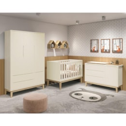Dormitório Classic 3 Portas Areia com Pés Madeira Natural e Colchão D18 Branco - Reller Móveis  Dormitório Classic 3 Portas Areia com Pés Madeira Natural e Colchão D18 Branco - Reller Móveis