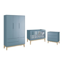 Dormitório Classic 3 Portas e Cômoda 3 Gavetas Azul com Pés Madeira Natural - Reller Móveis