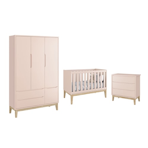 Dormitório Classic 3 Portas e Cômoda 3 Gavetas Rosa com Pés Madeira Natural - Reller Móveis