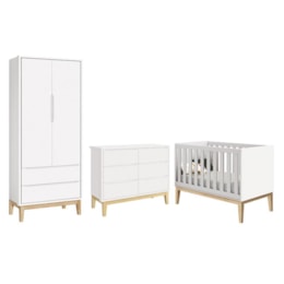 Dormitório Completo Infantil Classic 2 Portas, Cômoda 6 Gavetas e Berço Branco Fosco com Pés Madeira Natural - Reller Móveis