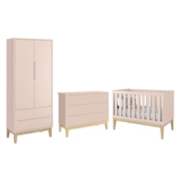 Dormitório Completo Infantil Classic 2 Portas, Cômoda 6 Gavetas e Berço Rosa Fosco com Pés Madeira Natural - Reller Móveis