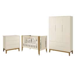 Dormitório Completo Infantil Classic 3 Portas, Cômoda 3 Gavetas e Berço Tom Areia Fosco com Pés Amadeirado - Reller Móveis  Dormitório Completo Infantil Classic 3 Portas, Cômoda 3 Gavetas e Berço Tom Areia Fosco com Pés Amadeirado - Reller Móveis