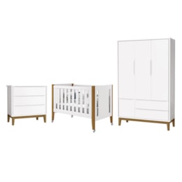 Dormitório Completo Infantil Classic 3 Portas, Cômoda 3 Gavetas e Berço Tom Branco Fosco com Pés Amadeirado - Reller Móveis  Dormitório Completo Infantil Classic 3 Portas, Cômoda 3 Gavetas e Berço Tom Branco Fosco com Pés Amadeirado - Reller Móveis