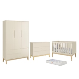 Dormitório Completo Infantil Classic 3 Portas, Cômoda 6 Gavetas, Berço Areia Fosco com Pés Madeira Natural e Colchão D18 - Reller Móveis 