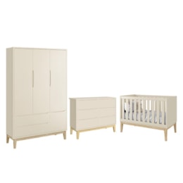 Dormitório Completo Infantil Classic 3 Portas, Cômoda 6 Gavetas e Berço Areia Fosco com Pés Madeira Natural - Reller Móveis Dormitório Completo Infantil Classic 3 Portas, Cômoda 6 Gavetas e Berço Areia Fosco com Pés Madeira Natural - Reller Móveis