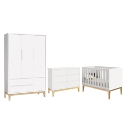 Dormitório Completo Infantil Classic 3 Portas, Cômoda 6 Gavetas e Berço Branco Fosco com Pés Madeira Natural - Reller Móveis Dormitório Completo Infantil Classic 3 Portas, Cômoda 6 Gavetas e Berço Branco Fosco com Pés Madeira Natural - Reller Móveis