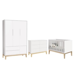 Dormitório Completo Infantil Classic 3 Portas, Cômoda 6 Gavetas e Berço Branco Fosco com Pés Madeira Natural - Reller Móveis