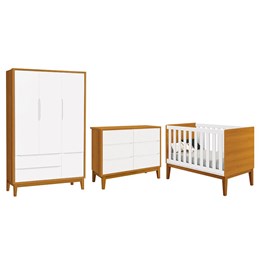 Dormitório Completo Infantil Classic 3 Portas, Cômoda 6 Gavetas e Berço Branco/Savana com Pés Amadeirado - Reller Móveis