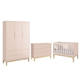 Dormitório Completo Infantil Classic 3 Portas, Cômoda 6 Gavetas e Berço Rosa Fosco com Pés Madeira Natural - Reller Móveis Dormitório Completo Infantil Classic 3 Portas, Cômoda 6 Gavetas e Berço Rosa Fosco com Pés Madeira Natural - Reller Móveis