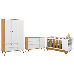 Dormitório Completo Infantil Gold 3 Portas, Cômoda com Porta e Berço Multifuncional BKids Branco Soft/Freijó - Matic Móveis 