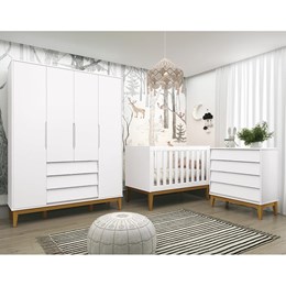 Dormitório Completo Infantil Noah Classic 4 Portas, Cômoda 4 Gavetas, Berço Branco Fosco com Pés Amadeirado e Colchão - Reller Móveis