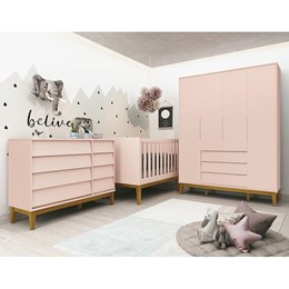 Dormitório Completo Infantil Noah Classic 4 Portas, Cômoda, Berço Rosa Fosco com Pés Amadeirado e Colchão - Reller Móveis