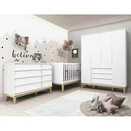 Dormitório Completo Infantil Noah Classic 4 Portas, Cômoda e Berço Branco Fosco com Pés Madeira Natural - Reller Móveis