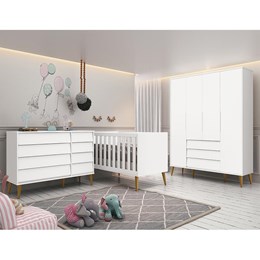 Dormitório Completo Infantil Noah Retrô 4 Portas, Cômoda, Berço Branco Fosco com Pés Amadeirado e Colchão - Reller Móveis 