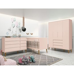Dormitório Completo Infantil Noah Retrô 4 Portas, Cômoda, Berço Rosa Fosco com Pés Amadeirado e Colchão - Reller Móveis 