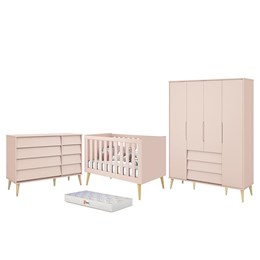 Dormitório Completo Infantil Noah Retrô 4 Portas, Cômoda, Berço Rosa Fosco com Pés Madeira Natural e Colchão - Reller Móveis 