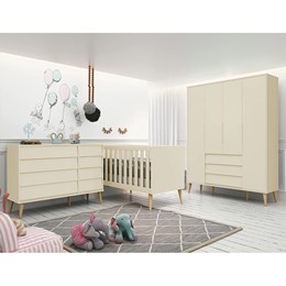 Dormitório Completo Infantil Noah Retrô 4 Portas, Cômoda e Berço Areia Fosco com Pés Madeira Natural - Reller Móveis 