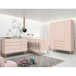 Dormitório Completo Infantil Noah Retrô 4 Portas, Cômoda e Berço Rosa Fosco com Pés Madeira Natural - Reller Móveis 