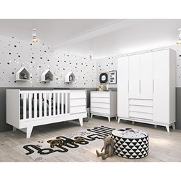 Dormitório Completo Infantil Prince 4 Portas, Cômoda 4 Gavetas e Berço Branco Fosco - Reller Móveis