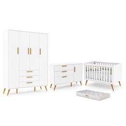 Dormitório Completo Infantil Retrô 4 Portas, Cômoda com Porta, Berço e Colchão D18 Branco Soft/Eco Wood - Matic Móveis