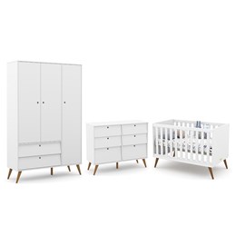 Dormitório Completo Infantil Retrô Gold 3 Portas, Cômoda 6 Gavetas e Berço Branco Soft/Eco Wood - Matic Móveis 