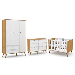 Dormitório Completo Infantil Retrô Gold 3 Portas, Cômoda 6 Gavetas e Berço Freijó/Branco Soft/Eco Wood - Matic Móveis 